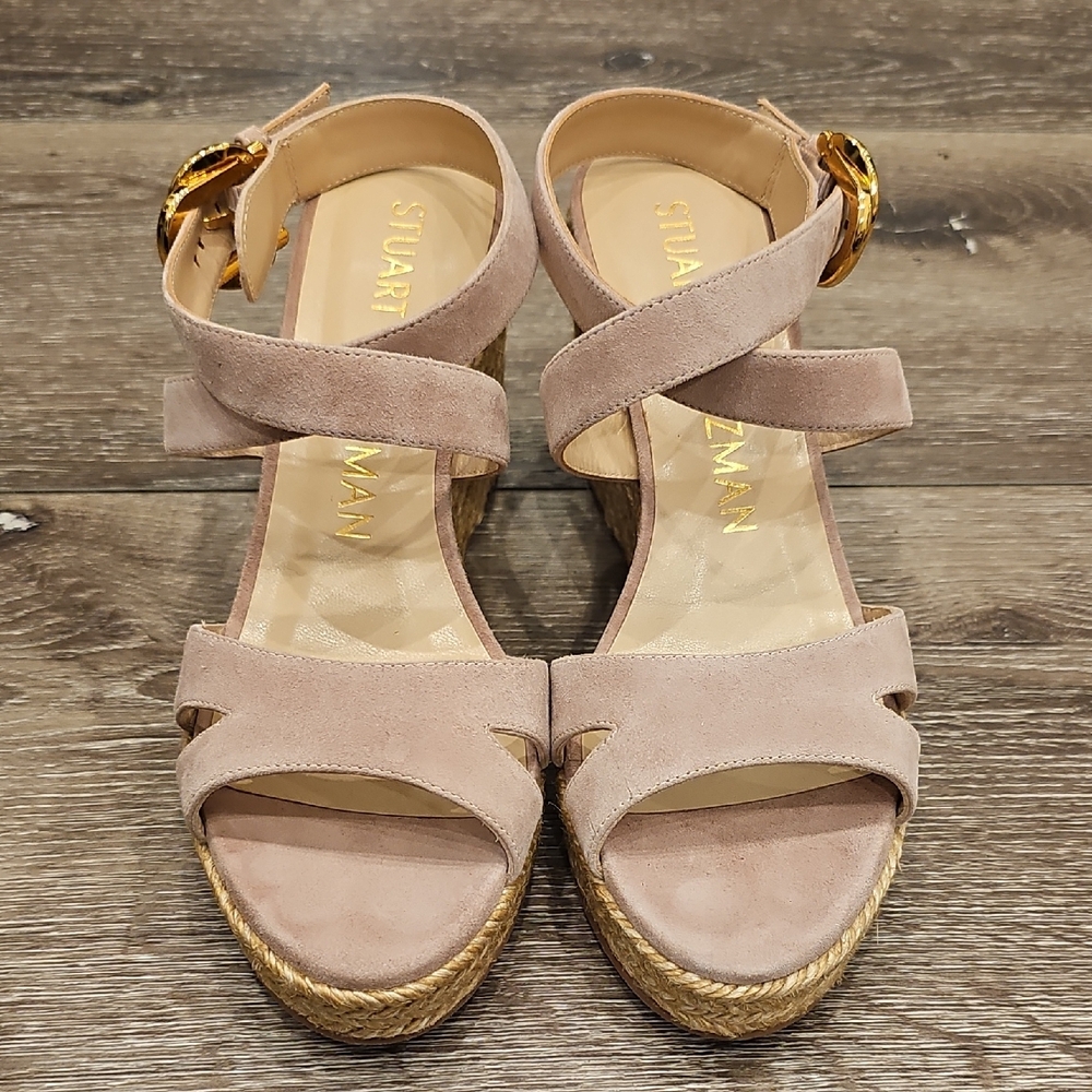 [NEW] Stuart Weitzman Beige Pink Espadrille Wedge Heeled Sandals Zuzu Buckle - Picture 2 of 10